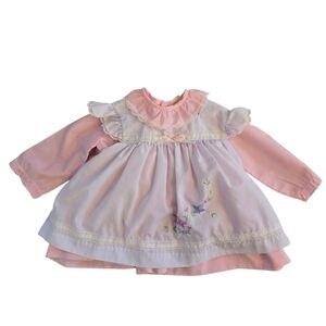 Vintage 1990s Baby Togs Pink And White Smock Dress with Embroidered Details